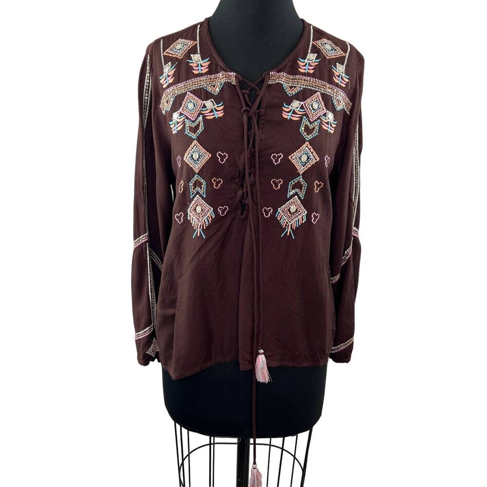 SAVAGE CULTURE Brown Embroidered Beaded Boho Lace Up Tunic Top Western M
